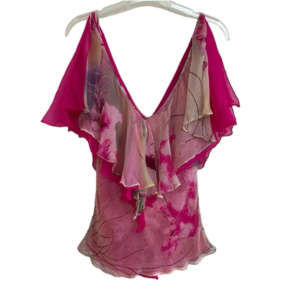 CATHERINE MALANDRINO 100% Silk Pink Tones Flounce Blouse
